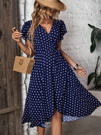 Women'S Elegant Polka Dot Bust-Crossing Short Sleeve Side-Slit Dress - Blue