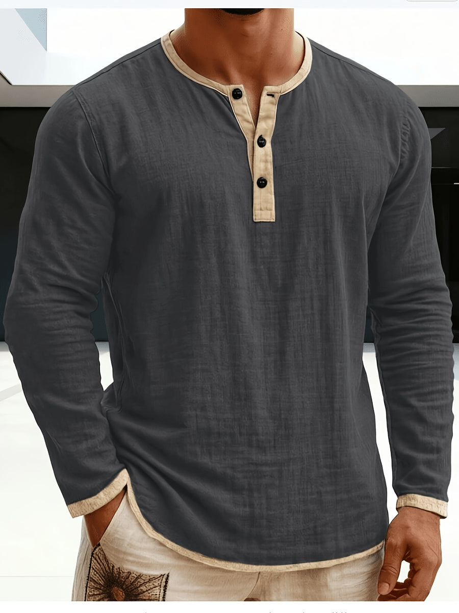 Men'S Retro Color Block Casual Henley Crewneck T-Shirt in Linen, Vintage T-Shirt for Men - Dark Gray