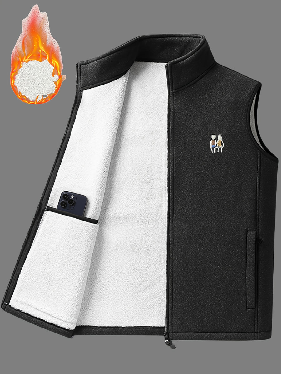 Men's Autumn Winter Casual Fleece-Lined Vest, Thickened Faux Blend Fleece Stand Collar Cardigan Vest for Outdoor and Home Wear, Warm Sleeveless Jacket Vest - Dahei-2368