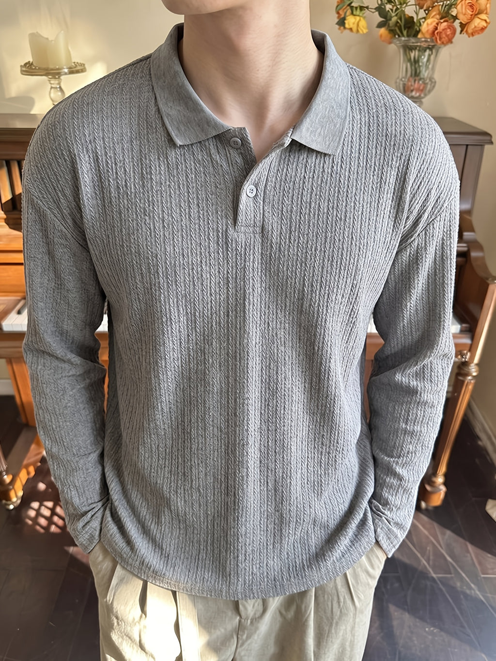 [Pearson OBM] Men'S Light Mature Commuter Vertical Pinstripe Lapel Long Sleeve Polo Shirt, Textured Two-Button Solid Top, Suitable for Spring/Autumn Office Business Date Wear - Grey