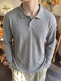 [Pearson OBM] Men'S Light Mature Commuter Vertical Pinstripe Lapel Long Sleeve Polo Shirt, Textured Two-Button Solid Top, Suitable for Spring/Autumn Office Business Date Wear - Grey