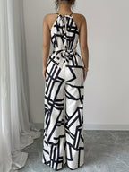 Women'S Printed Fabric Ruched Jumpsuit with Halter Neck, Elegant for Holiday And Everyday Wear - White
