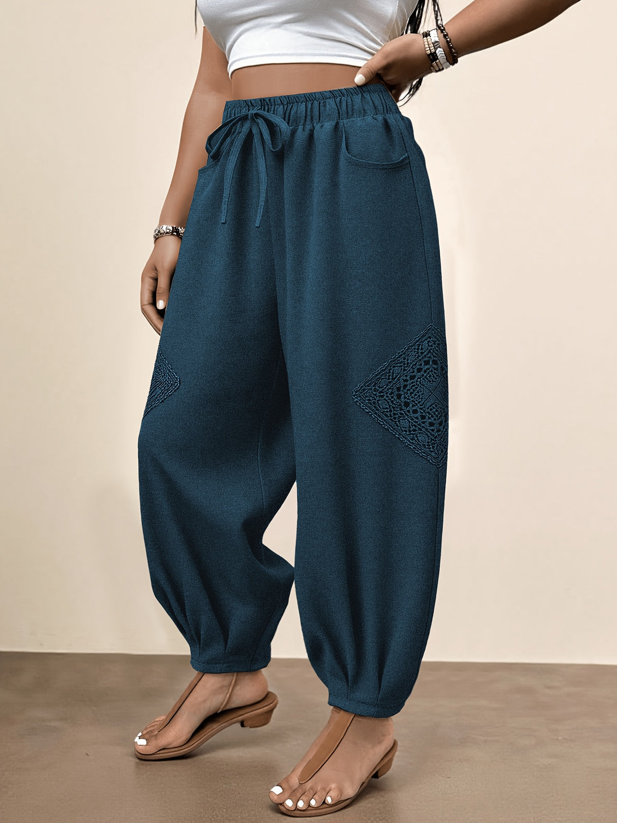 Fashionable Plus-Size Women'S Loose Pants with a Faux Drawstring, Suitable for Commuting, Vacations, Parties, And Sports, Featuring Pockets, Ideal for Everyday Wear - Dark Blue
