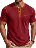Men'S Spring Summer New Light Luxury Color-Block Henley Collar Short Sleeve T-Shirt, Half-Button 3-Button American Retro Top, High-Stretch Soft And Skin-Friendly Fabric, Breathable And Comfortable - Burgundy
