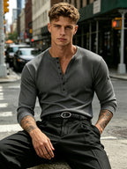 Mature Men'S 4pcs Textured Henley Long Sleeve Shirt Set, Slim Fit Ribbed Half-Button Pure Color T-Shirt, Light Business Commute Soft Skin-Friendly Elastic Inner Layer Base Shirt - Mixed colors