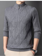 [Wading Whale OBM] Spring/Autumn New Men'S Knit Pullover Sweater, Old Money Style Solid Color Half-Button Stand Collar Long Sleeve Knit Pullover Sweater for Men, Business Casual Fashion Ribbed Sweater, Suitable for Spring, Autumn - Grey