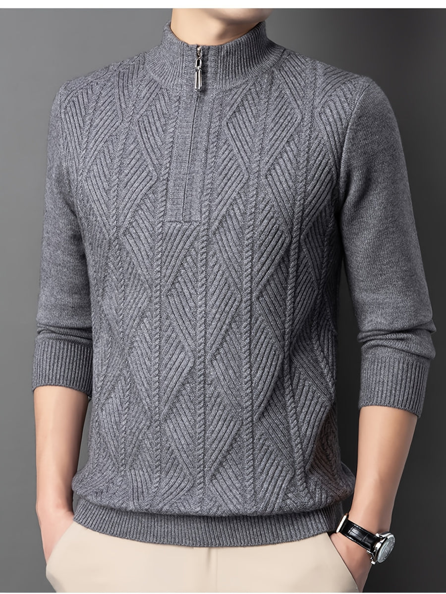 [Wading Whale OBM] Spring/Autumn New Men'S Knit Pullover Sweater, Old Money Style Solid Color Half-Button Stand Collar Long Sleeve Knit Pullover Sweater for Men, Business Casual Fashion Ribbed Sweater, Suitable for Spring, Autumn - Grey