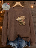 Women'S Fashion Casual Long Sleeve Top, Cartoon Bear Print Loose Versatile Round Neck Pullover Sweater - Dark Brown