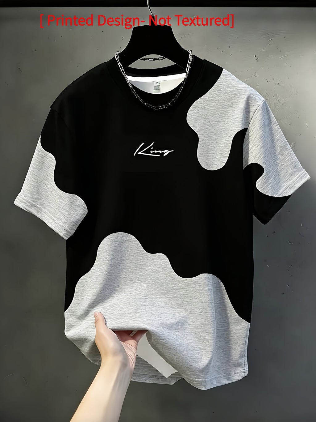 Men'S Casual Round Neck T-Shirt, Geometric Pattern Patchwork Striped Design with "KING" Word Pattern, Drapey Fashion Top, All-Season Wear, Breathable Regular Fit for Casual And Formal Outfits - Round Neck Casual Top, Comfortable Wear - Mixed colors