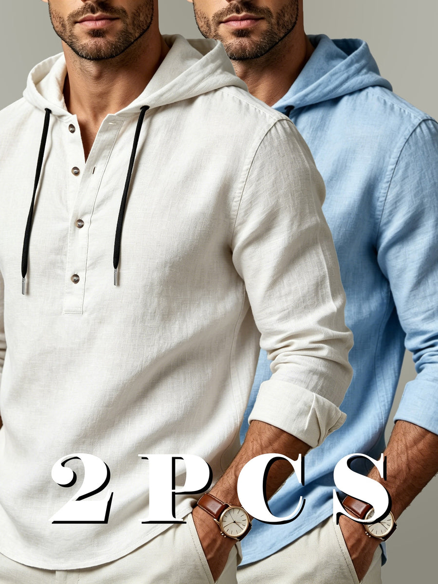 2pcs Men'S Linen-Like Hooded Henley Long Sleeve Sweatshirt Set, Breathable Thin Solid Color Half-Open Placket Casual Pullover Henley Shirt, Soft Comfortable Textured Fabric Fresh And Non-Stuffy, Loose Slimming Versatile Fit - 2pcs【White+Light Blue】