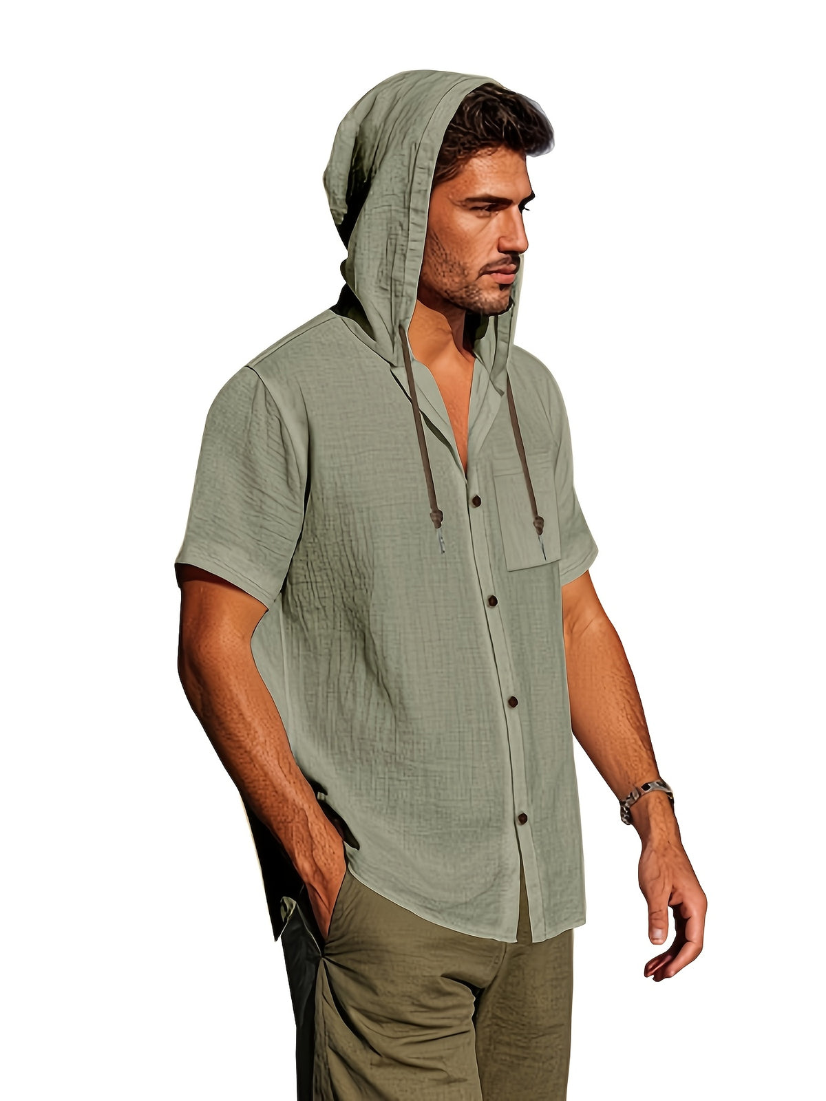 Men's Short Sleeve Hooded Shirt, Casual Button Hoodie Top with Chest Pocket, Lightweight Breathable Summer Shirt for Beach Vacation, Travel, Resort Wear, Outdoor Leisure, Streetwear Style and Daily Casual Outfit - Military Green