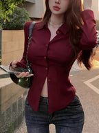 Elegant Women'S Solid Color Shirt, Back Long Sleeve Blouse, Suitable for All Seasons - Deep Red