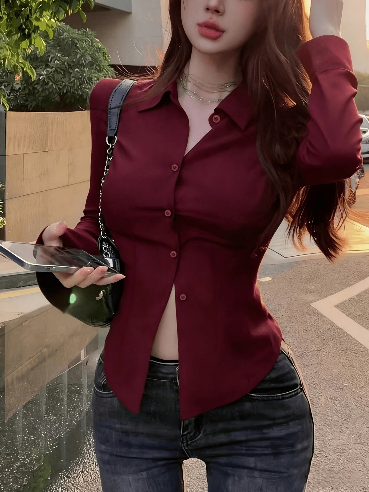 Elegant Women'S Solid Color Shirt, Back Long Sleeve Blouse, Suitable for All Seasons - Deep Red