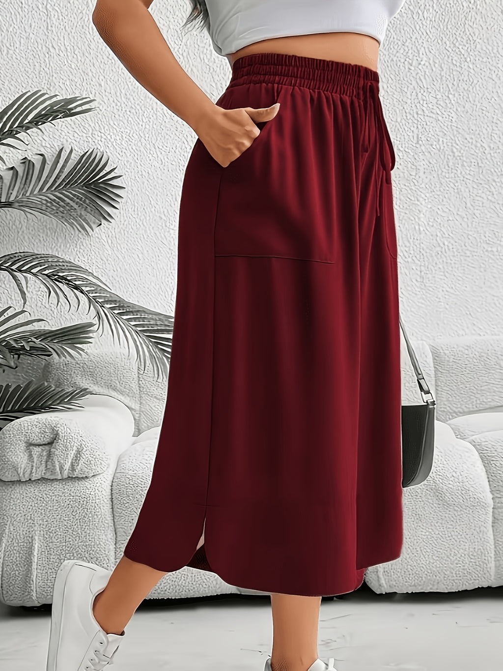 Women'S Fashion Wide Leg Pants - Burgundy