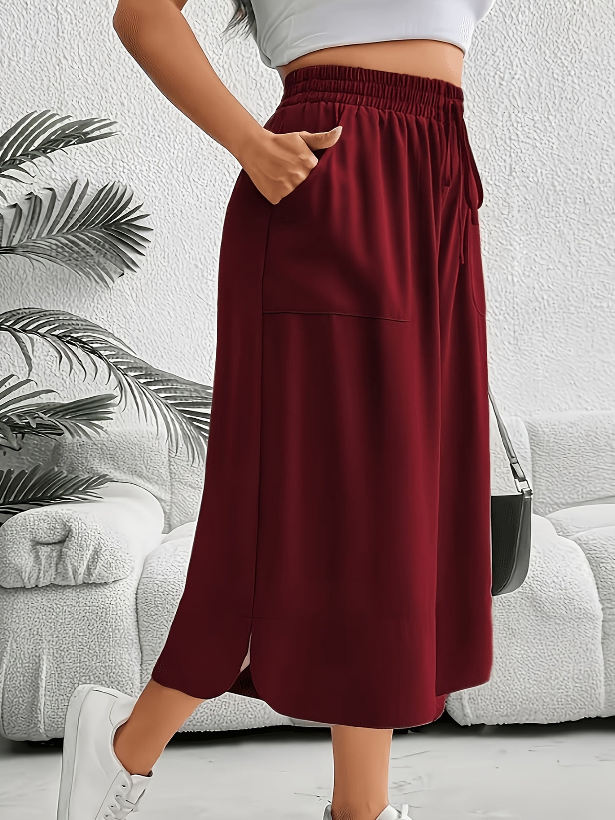 Women'S Fashion Wide Leg Pants - Burgundy