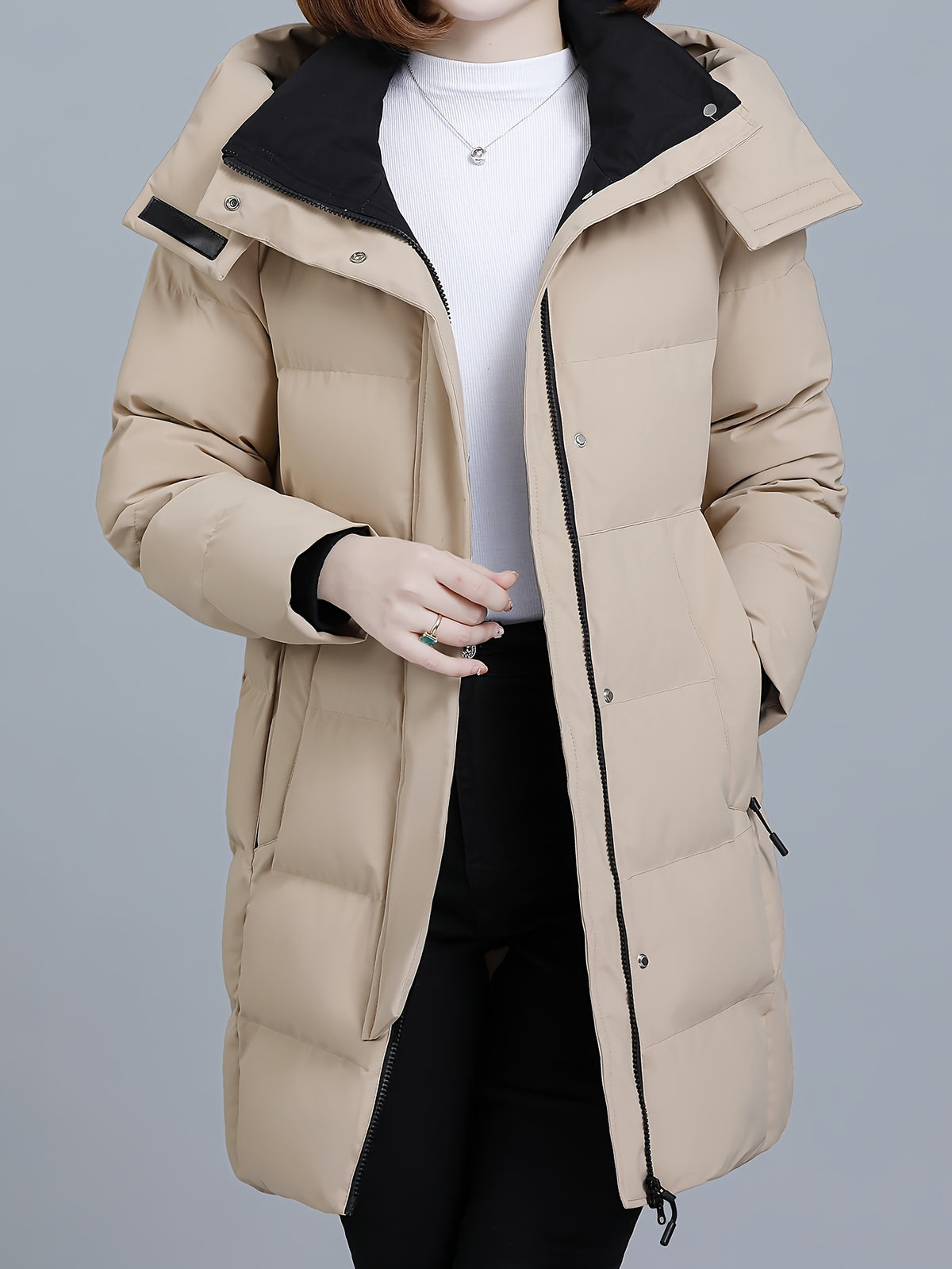 Women's Hooded Mid-Length Padded Coat with Black Contrast Lining, Zipper and Snap Button Double Front Placket, Plus Size Loose Fit, Checkered Overlock Stitching with Anti-Slip Padding, Drawstring Adjustable Hem, Zippered Side Pockets - Khaki