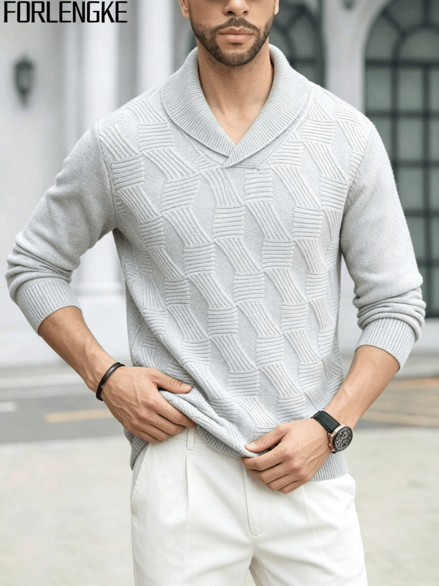 FORLENGKE Men'S Business Casual Shawl Collar Geometric Textured Knit Sweater, Soft Warm Long Sleeve Pullover for Fall Winter Office Daily Wear - Ivory White