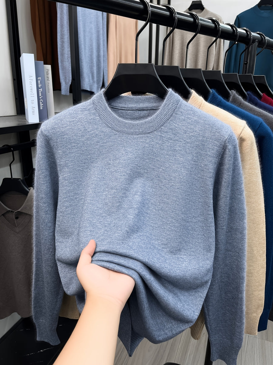 [Wading Whale OBM] 1pc Spring/Autumn New Men'S Knit Pullover Sweater, Old Money Style Solid Color Striped Round Neck Long Sleeve Knit Pullover for Men, Business Casual Fashion Striped Sweater, Suitable for Spring, Autumn - Fog Gray