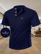 Men's Summer Short-Sleeve Henry (Button-Front Henry) T-Shirt - Breathable Stand Collar, Casual Button- Shirt for Outdoor & Casual Attire, Machine Washable Summer Clothing Suitable for Casual, Office & Semi-Formal Occasions - Navy Color