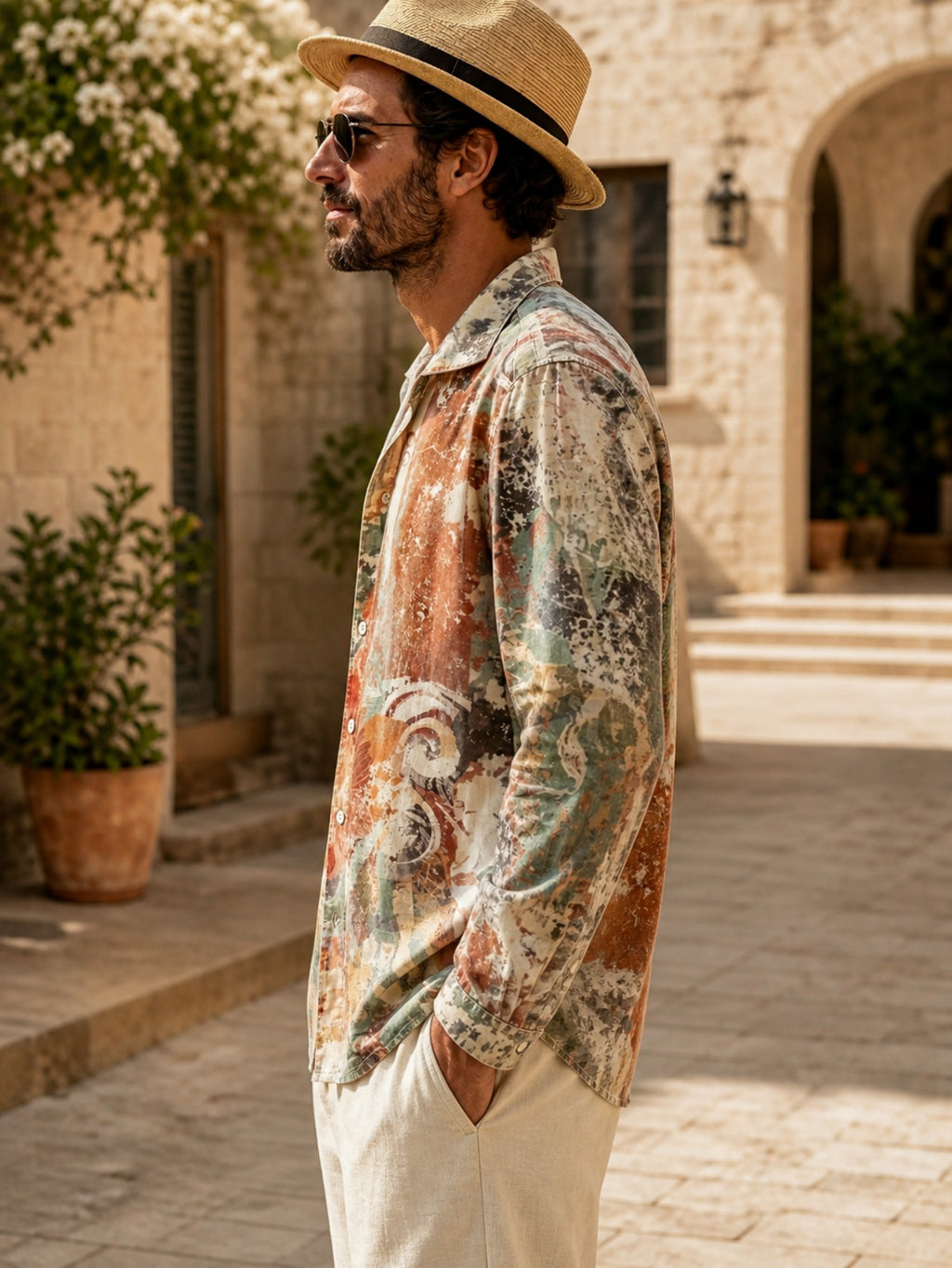 Men'S Vintage Abstract Art Print Long Sleeve Shirt, Beige, Rust Red, Olive Green And Light Cyan Colorways, Casual Button-Up Collar Top, Loose Lightweight Bohemian Vacation Street Style Shirt, Suitable for Summer Travel, Beach, And Daily Wear - Mixed colors