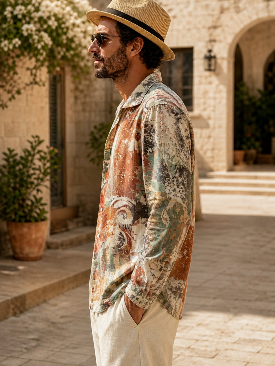 Men'S Vintage Abstract Art Print Long Sleeve Shirt, Beige, Rust Red, Olive Green And Light Cyan Colorways, Casual Button-Up Collar Top, Loose Lightweight Bohemian Vacation Street Style Shirt, Suitable for Summer Travel, Beach, And Daily Wear - Mixed colors