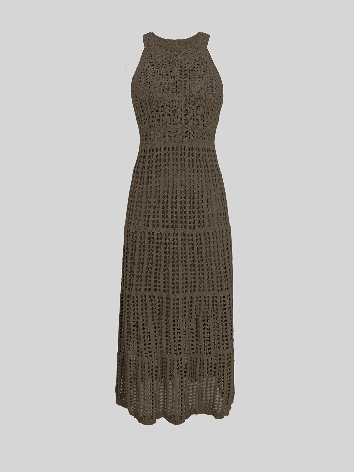 Women's Casual Sleeveless Halter Neck Sweater Dress - Lightweight Knit Long Flowy Dress with Cut-Out Details, Semi-Sheer Solid Color for Spring & Fall, Hand Wash/Dry Clean - Black Coffee