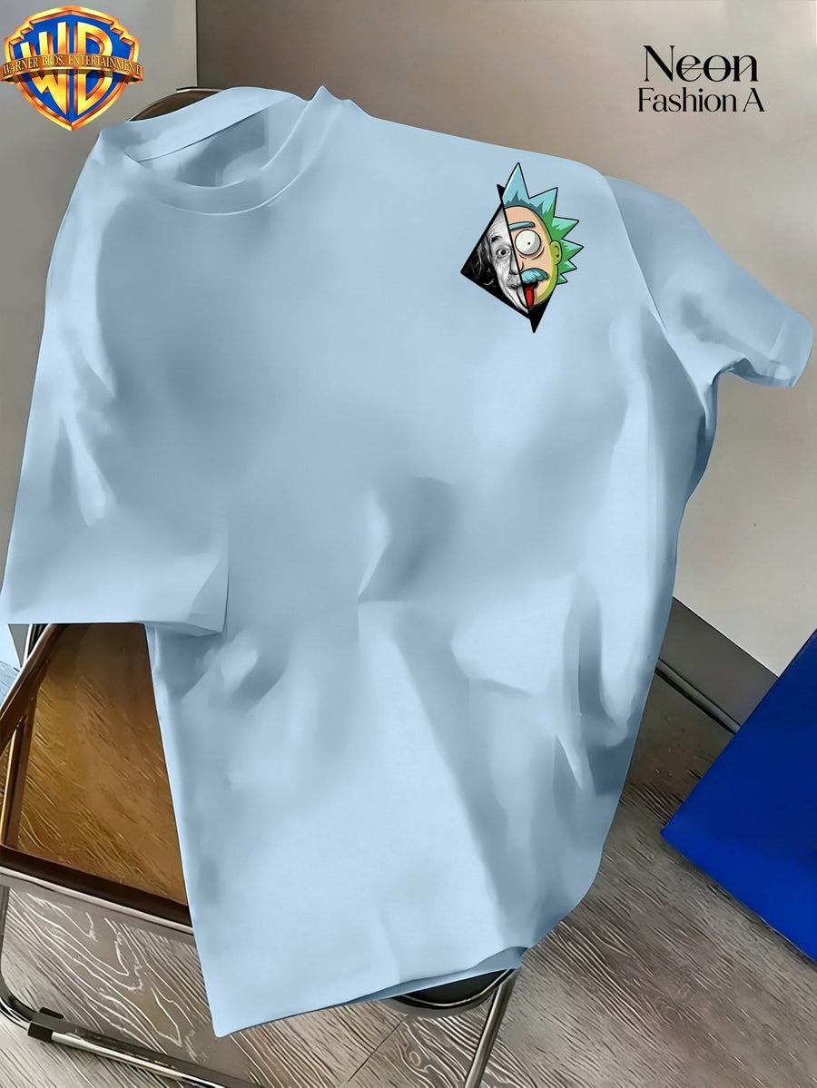 Warner Licensed Unisex Short Sleeve T-Shirt Casual Commute Shopping Classic Science And Anime Creative Patchwork Artistic Print Round Neck Pullover Summer Comfortable Breathable Trendy Top - Light Blue