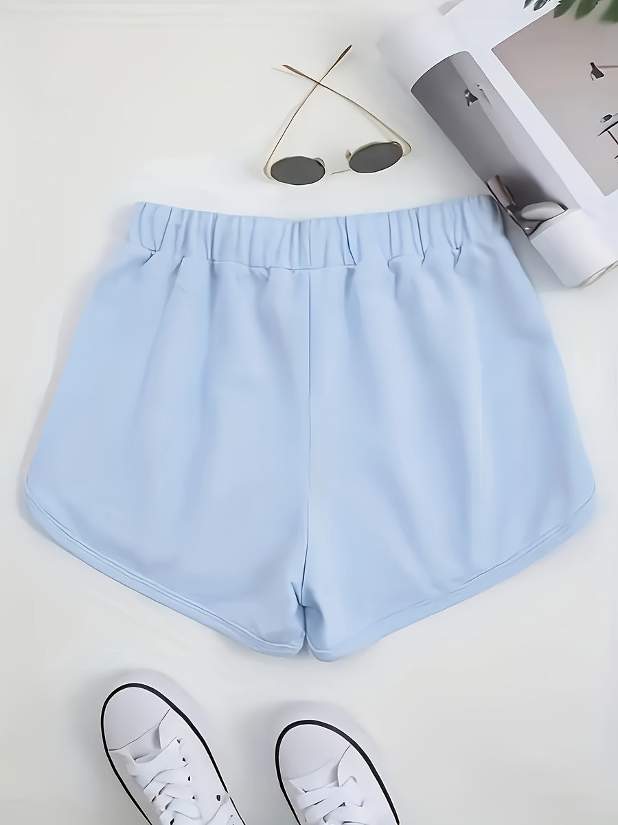Women's Shorts with "OK" Letter Pattern, Fashionable Casual Shorts - Light Blue