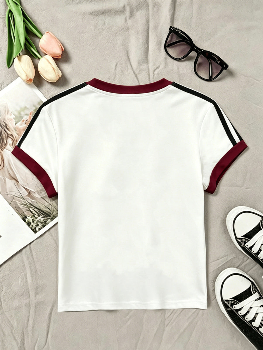 Minimalist Circle Earrings Printed, Colorful Patchwork T-Shirt, Fitted Short-Sleeved Style, Retro And Niche Y2K Trend - White