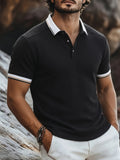Men's Fashion New Color-Block Polo Shirt with Collar, Jacquard Design, Soft Fabric, Versatile for Outdoor Streetwear and Beach Vacation Outfits - Black