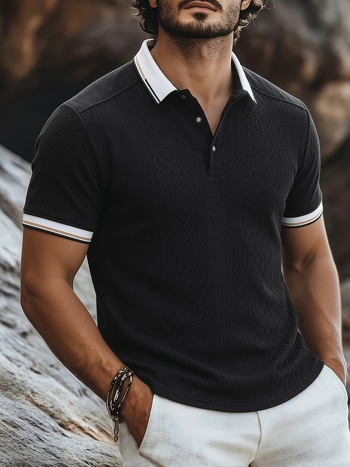 Men's Fashion New Color-Block Polo Shirt with Collar, Jacquard Design, Soft Fabric, Versatile for Outdoor Streetwear and Beach Vacation Outfits - Black