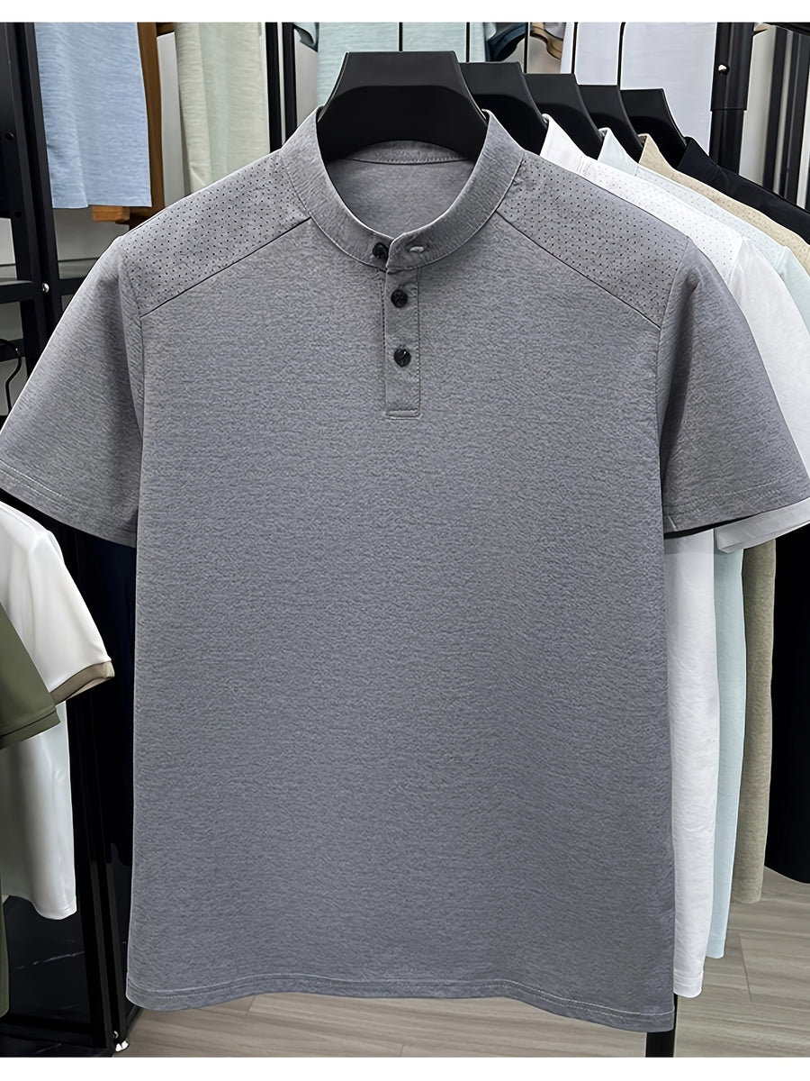 1 Men's Stand Collar Short Sleeve Polo Shirt, Suitable for Business Commutes and Daily Outings, Breathable, Moisture-Wicking, Loose Fit, Slimming, Casual Top, Basic T-Shirt for Middle-Aged and Younger Mature Men, Popular in Europe and America - Grey