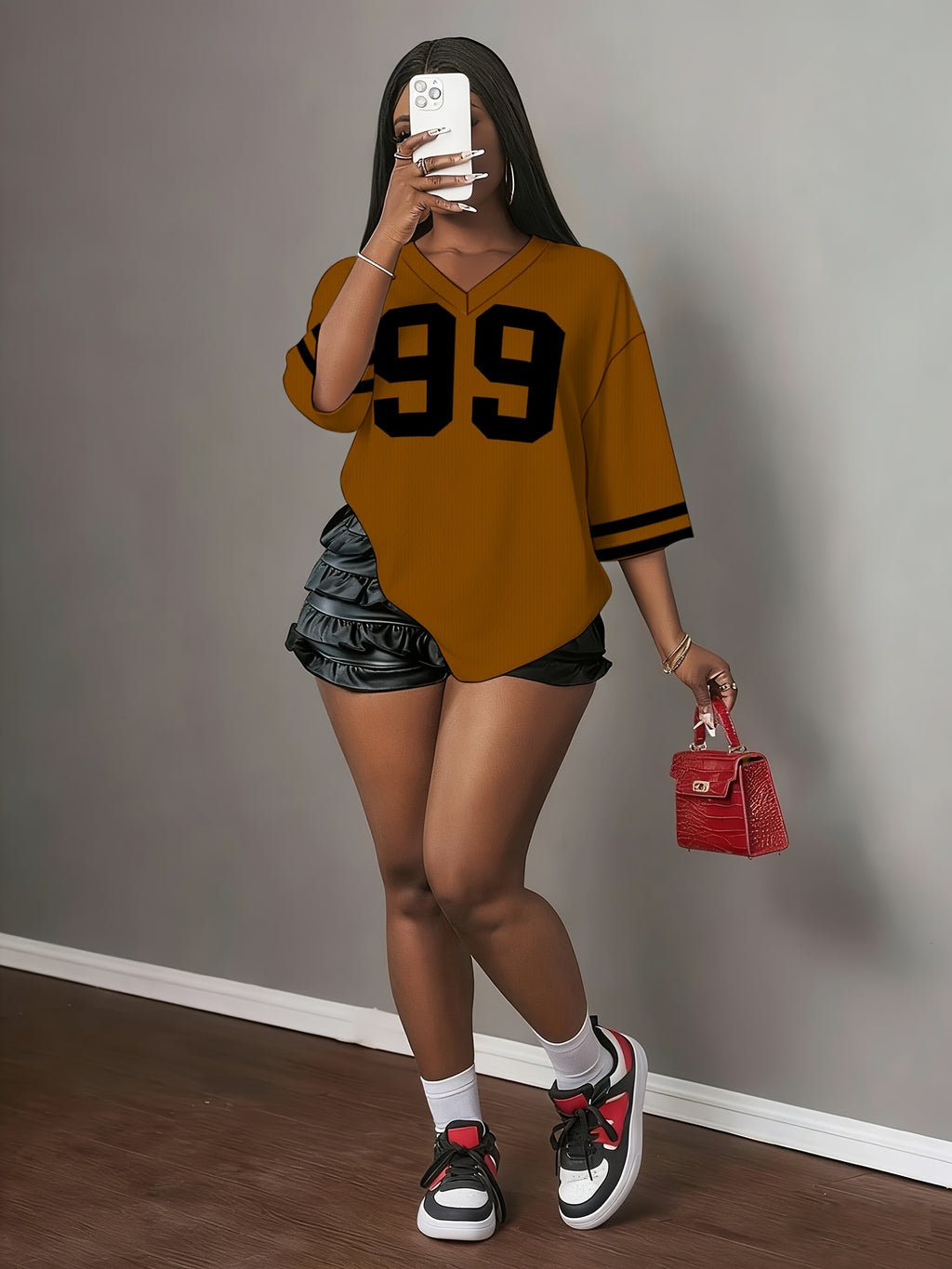 European And American Fashion Women'S V-Neck Mesh Fabric Casual Short-Sleeve T-Shirt, Retro Jersey Style Women'S Leisure - Light Brown-1