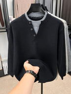 Du Jing Lan OBM 1pc New Spring/Autumn Men's Knitted Pullover, Old Money Style Contrast Color Striped 2-in-1 Look Spliced Collar Crew Neck Long Sleeve Knitted Pullover, Men's Business Casual Fashion Striped Sweater Knit Pullover, Suitable for Layering - Black