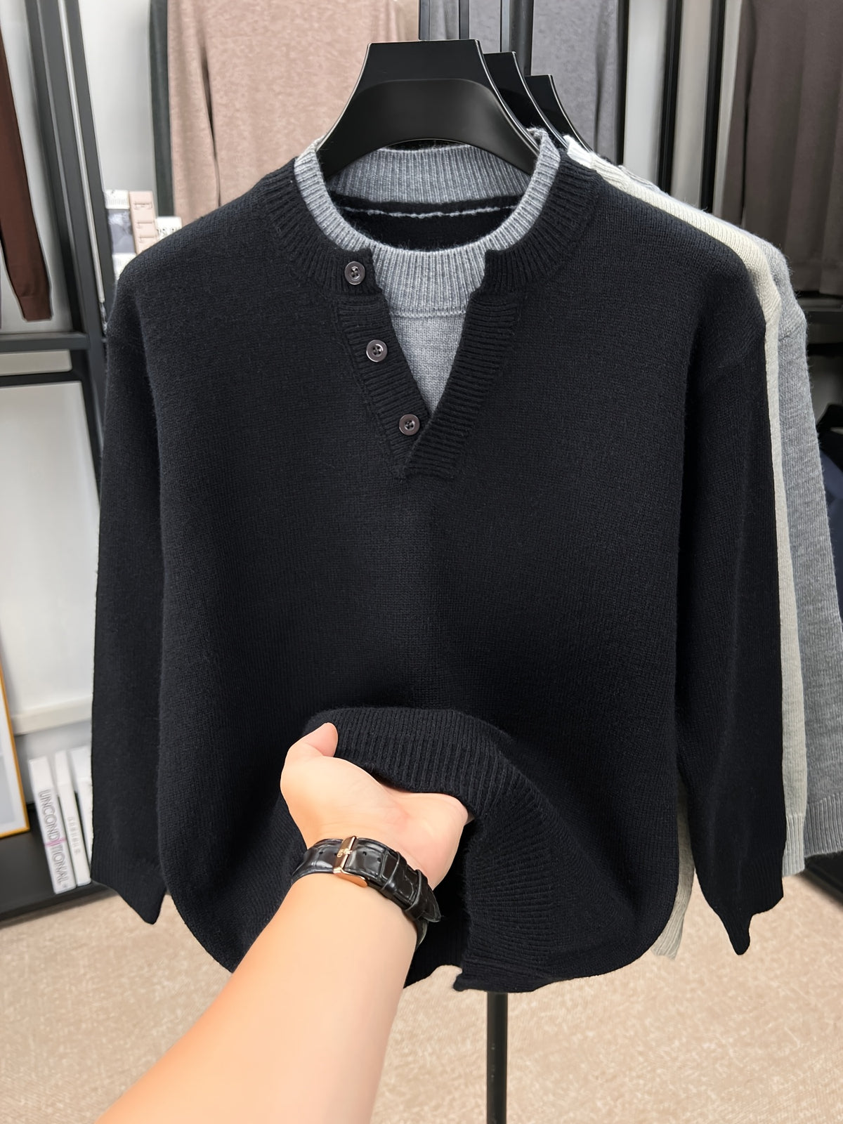 Du Jing Lan OBM 1pc New Spring/Autumn Men's Knitted Pullover, Old Money Style Contrast Color Striped 2-in-1 Look Spliced Collar Crew Neck Long Sleeve Knitted Pullover, Men's Business Casual Fashion Striped Sweater Knit Pullover, Suitable for Layering - Black