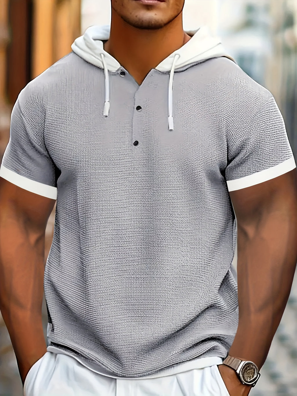 Men's Casual Short Sleeve Hooded Henley Shirt - Textured Waffle Knit & Contrast Color Block Design with Metal Buttons, Breathable Summer Outdoor Sportswear, Machine Washable Regular Fit, Henley Placket Design - Silvery Grey
