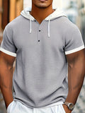 Men's Casual Short Sleeve Hooded Henley Shirt - Textured Waffle Knit & Contrast Color Block Design with Metal Buttons, Breathable Summer Outdoor Sportswear, Machine Washable Regular Fit, Henley Placket Design - Silvery Grey
