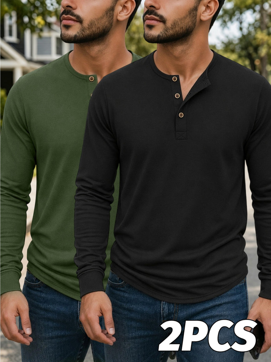 Men's Casual Long-Sleeve Henley T-Shirt 2pcs for Spring, Autumn, and Winter, Breathable and Comfortable Knitted Fabric, Versatile Base Layer, American-Style Casual Versatile Men's Top, Henley Collar + Vintage Buttons, Suitable for Commuting - Black+Green