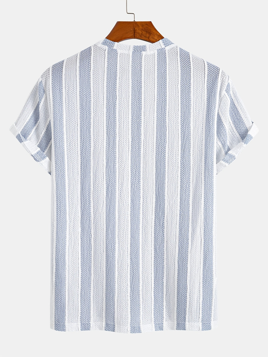 Men'S Vertical Striped Textured Knit T-Shirt, Breathable Jacquard Crew Neck Short Sleeve Tee, Casual Summer Fashion Shirts for Daily Wear - Light Blue