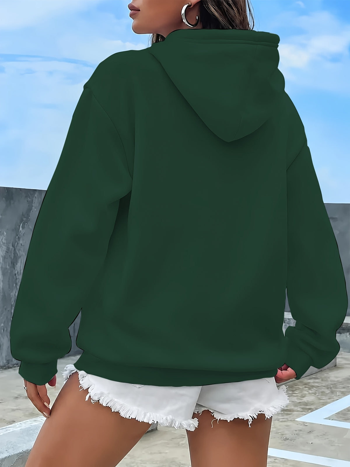 Women's Long Sleeve Drawstring Sweatshirt, Casual Loose Fit Pocket Sweatshirt - Olive Green
