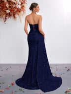 Sequined Sweetheart Neckline Mesh Panel High-Waist Long Scarf-Tie Slit Ball Gown Party Evening Dress - Navy blue color