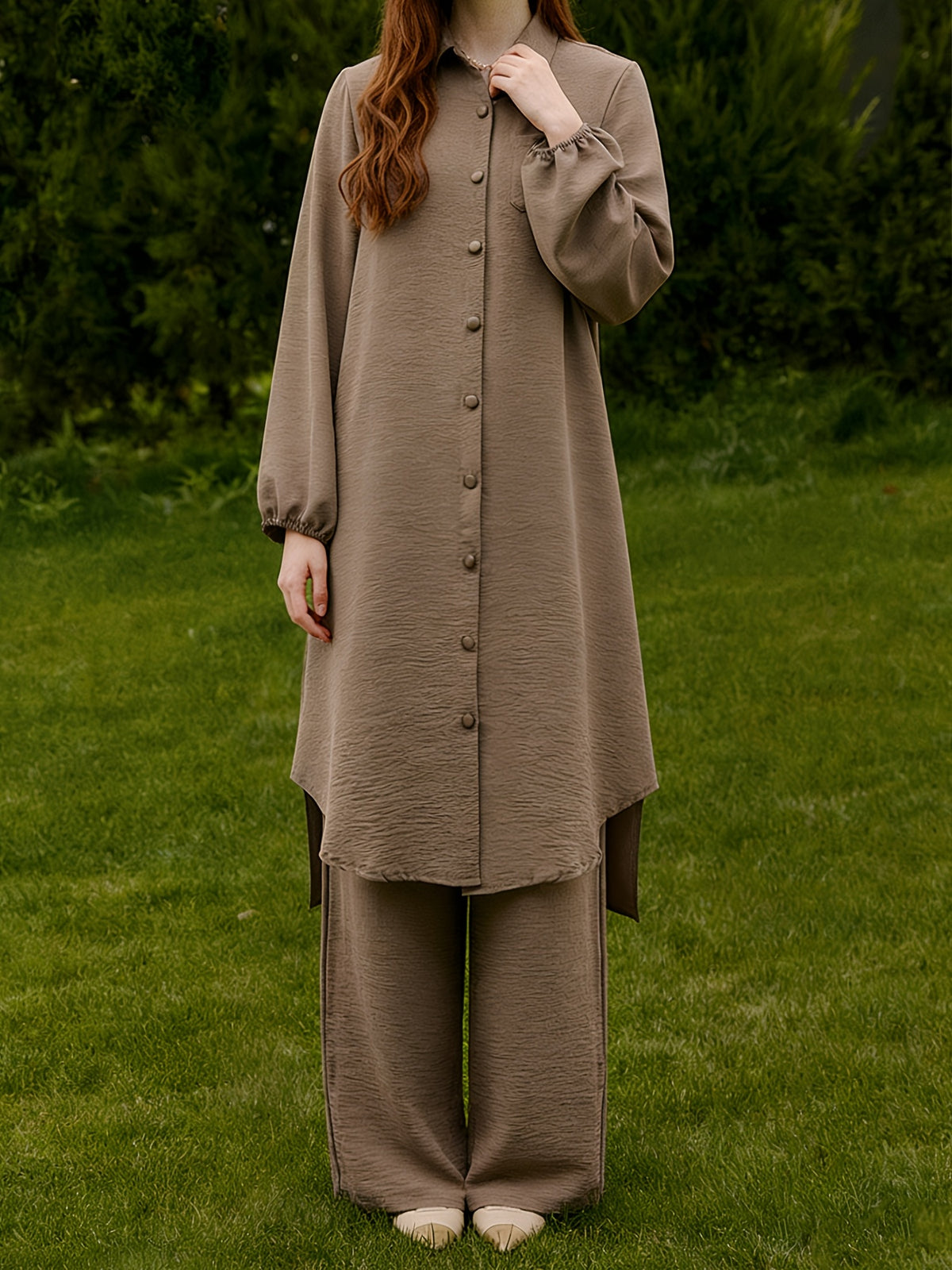 New Arabian 2pcs Abaya Set - Women'S Elegant Multi-Button Solid Color Long Sleeve Wide-Leg Trousers Without for Ramadan Spring Autumn Daily Commute - Khaki