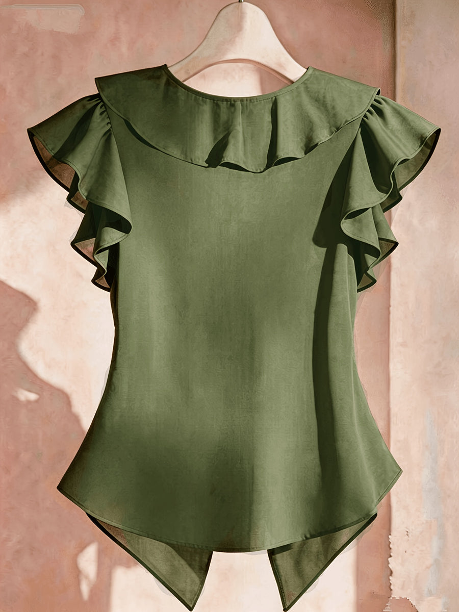 Summer French Solid Ruffled Fly Short Sleeve Shirt Chiffon Top Women'S - Olive Green
