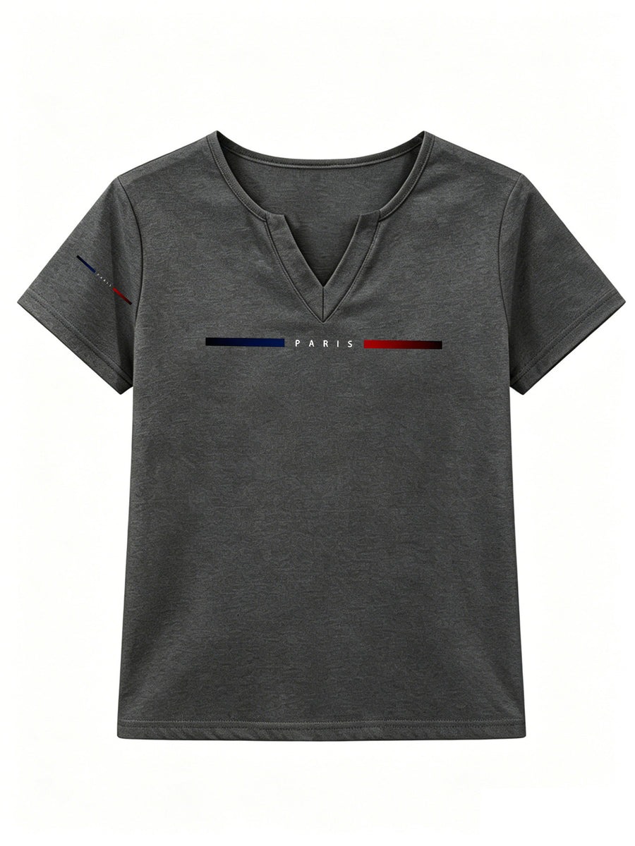 Patterned Printed Women' S V-neck T-shirt Short Sleeves Casual T-shirt Women's Clothing. - Dark Gray
