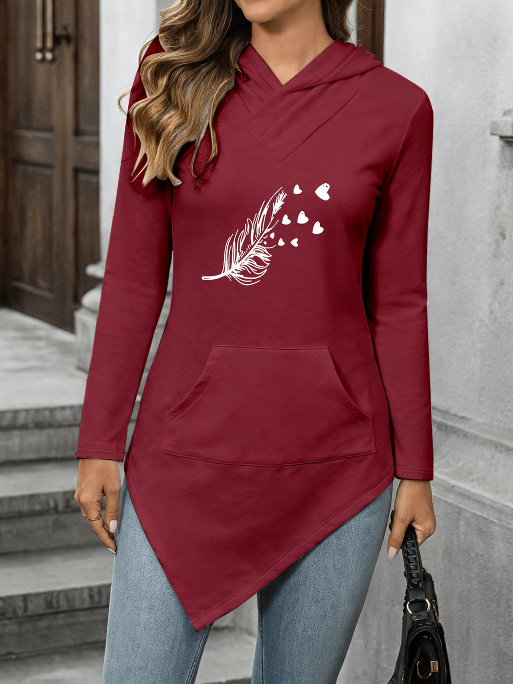 Print Women'S Cross-Collar Hooded Top Long Sleeve Asymmetrical Slanted Hem Kangaroo Pocket Casual T-Shirt - Burgundy