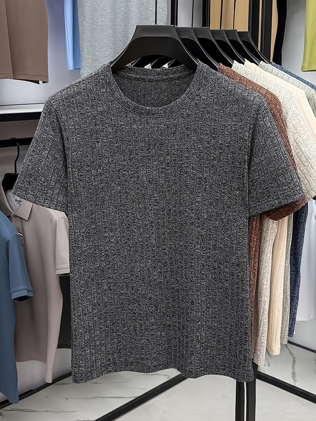 Men'S Round Neck Vertical Ribbed Knit T-Shirt, Summer Breathable Commuter Business Style, Casual Versatile Short Sleeve Top, Basic Round Neck Design, Neat Stitching, Contouring Neckline, Unrestrictive for Daily Activities - Black Gray