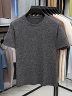 Men'S Round Neck Vertical Ribbed Knit T-Shirt, Summer Breathable Commuter Business Style, Casual Versatile Short Sleeve Top, Basic Round Neck Design, Neat Stitching, Contouring Neckline, Unrestrictive for Daily Activities - Black Gray