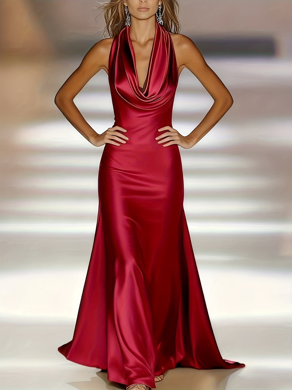 Elegant And Luxurious Cowl Neck Backless Sleeveless Satin Party Dinner Long Dress, Suitable for Formal Dinners, Cocktail Parties Or Upscale Parties - Burgundy