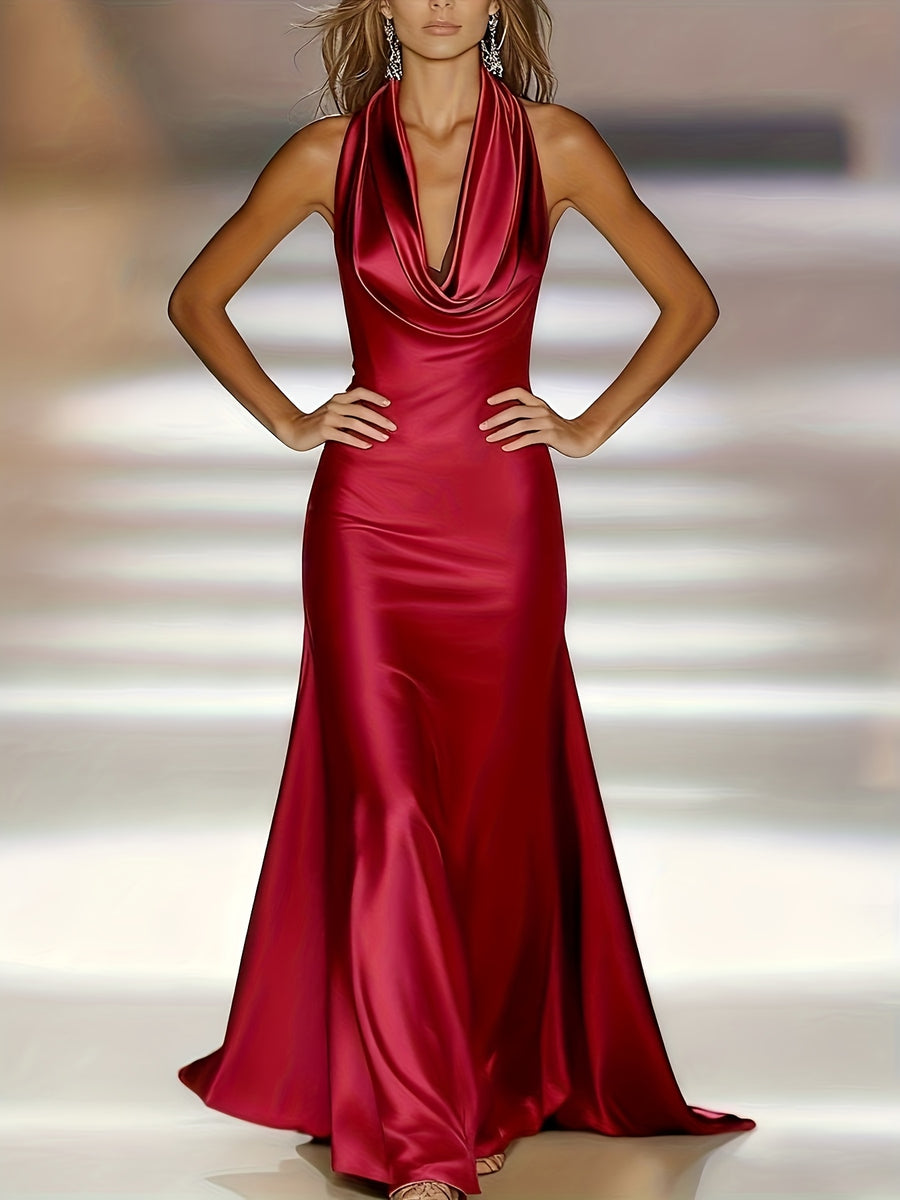 Elegant And Luxurious Cowl Neck Backless Sleeveless Satin Party Dinner Long Dress, Suitable for Formal Dinners, Cocktail Parties Or Upscale Parties - Burgundy