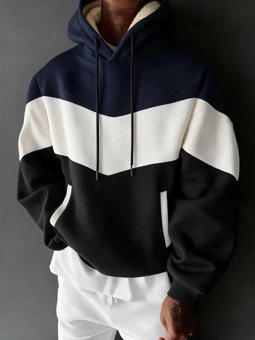 1pc Men'S Color-Block Patchwork Hooded Pullover Sweatshirt, Multi-Color Warm Textured Men'S Hoodie, Drawstring Kangaroo Pocket Warm Hooded Top, Casual Street Style Regular Fit Fall/Winter Sweatshirt, Multi-Color Patchwork Long Sleeve Hoodie - Navy Blue,, Black